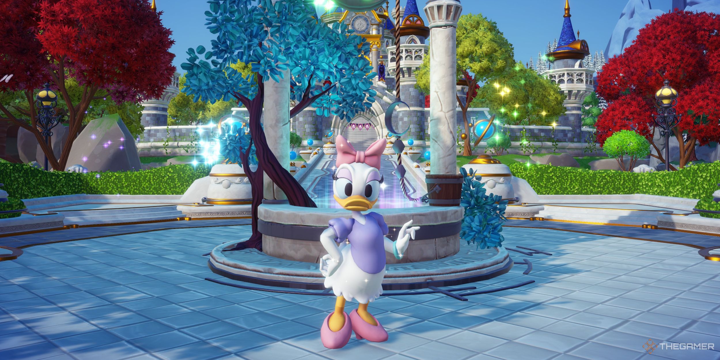 Disney Dreamlight Valley Daisy junto a la fuente de la Plaza