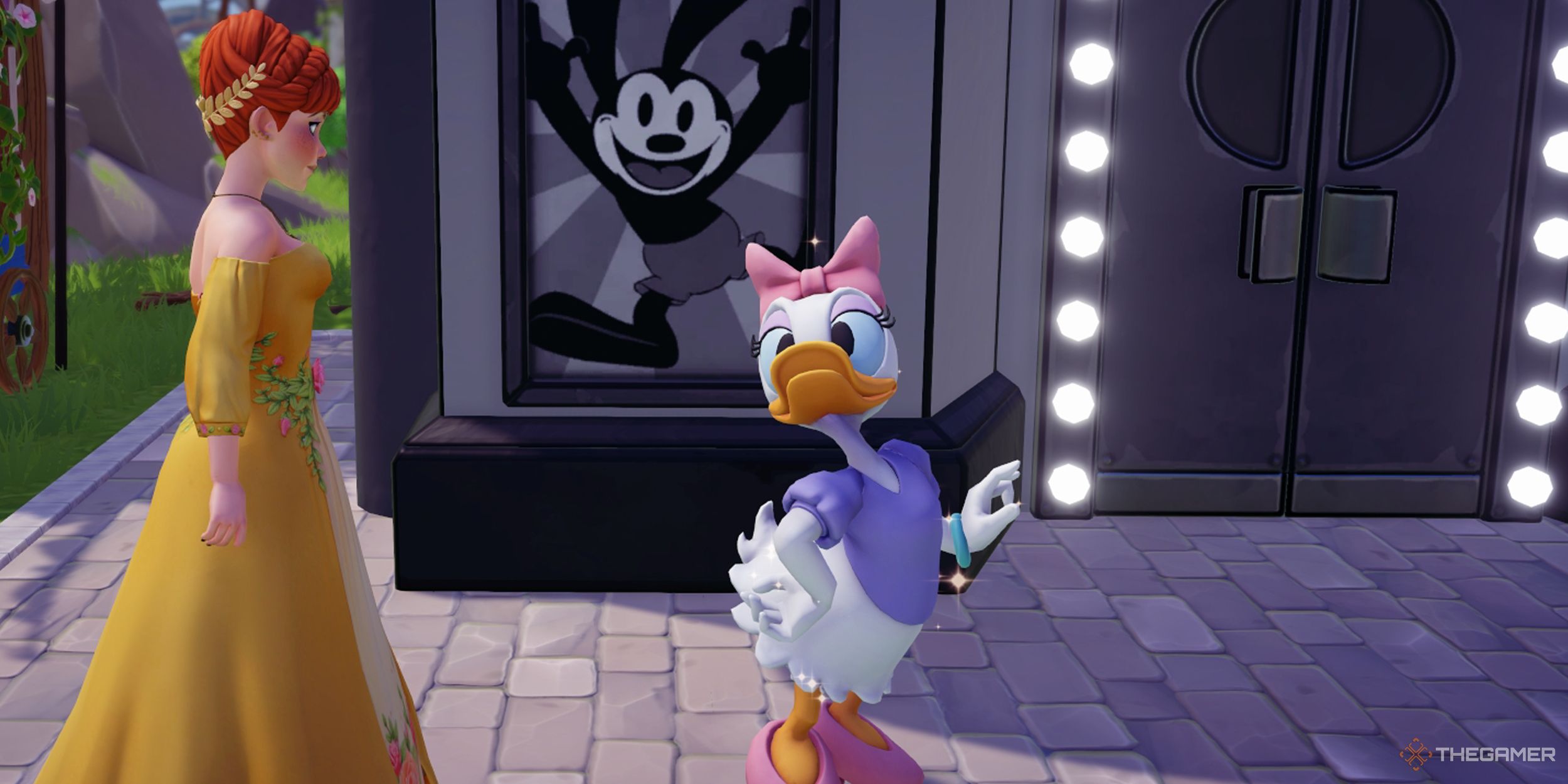 Disney Dreamlight Valley Daisy afuera de la casa de Oswald