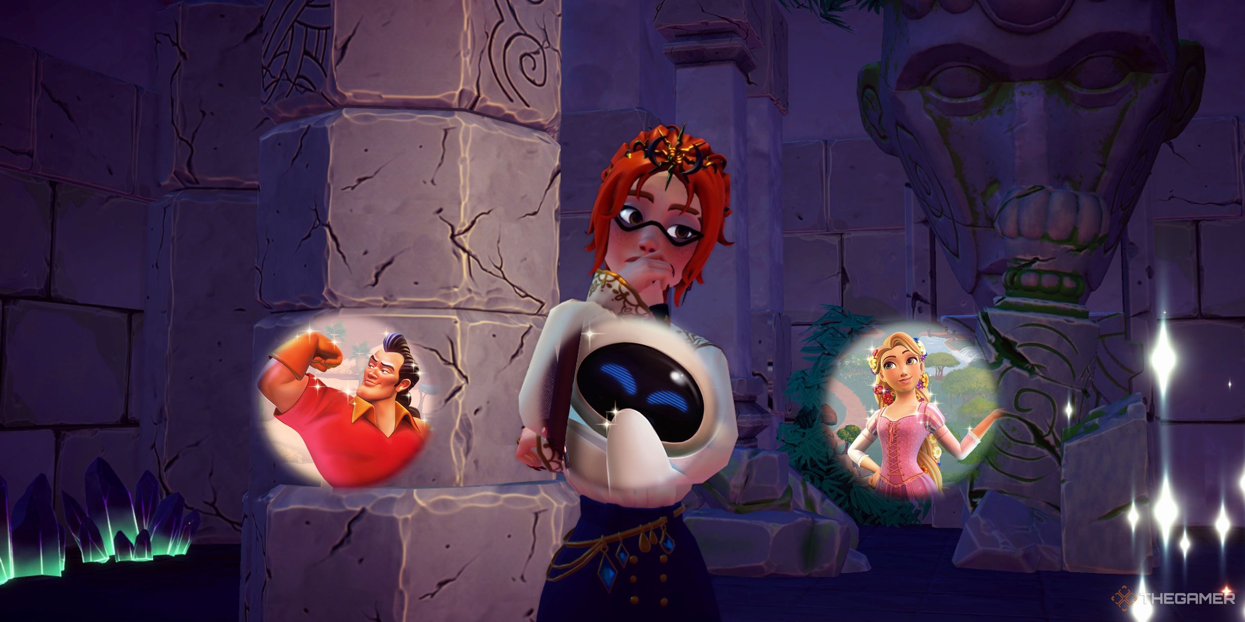 Avatar de Disney Dreamlight Valley pensando en las ruinas antiguas con gaston, eve y rapunzel