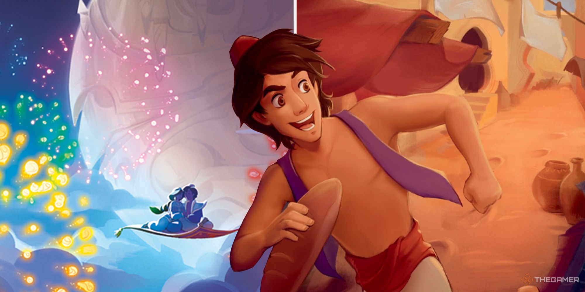 Imagen combinada de Un mundo completamente nuevo y Aladdin en Disney Lorcana