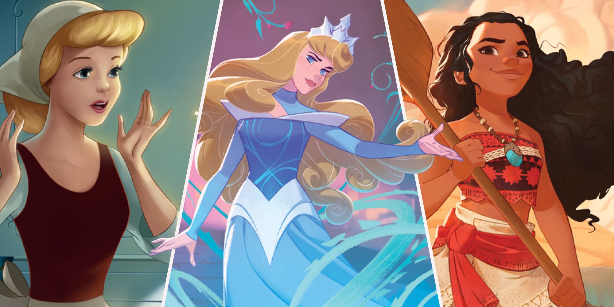 Imagen combinada de Cenicienta, Aurora y Moana de Disney Lorcana.