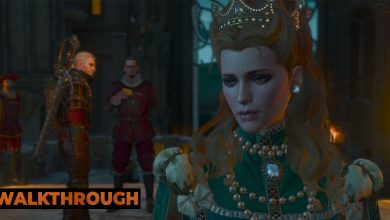 Duchess Anna Henrietta looks over her shoulder at Geralt as they discuss wine.