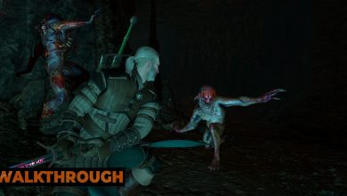 Geralt holds his sword ready as he is attacked by a pair of Nekkers in a dark cave.