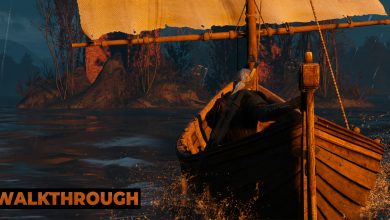 Geralt sails over to an island in Velen, lit up by the evening sun.