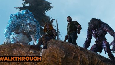 A crew comprised of a troll, godling, doppler disguised as a human, and werewolf looking menacing as they stare down a cliff at night in Skellige.
