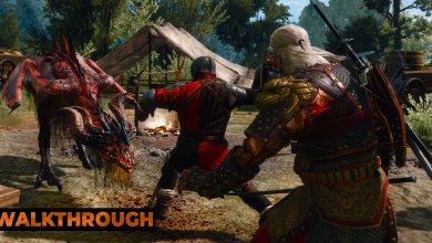 Geralt and a Redanian solider fight a wyvern in a camp in The Witcher 3
