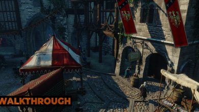 An overhead shot of Geralt walking into a shop in Novigrad.