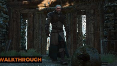 Geralt walks toward an old skeleton inside a half-collapsed hut inside a forest in Skellige.