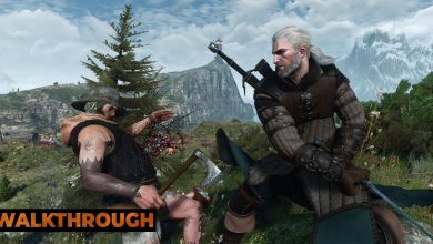 Geralt fights a bandit wielding an axe on an island with a lighthouse and mountains behind him.