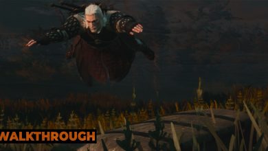 Geralt swims through a river, with a treasure chest in the foreground.