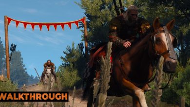 Geralt pulls lead on another rider as they race through the countryside, passing through a red banner.