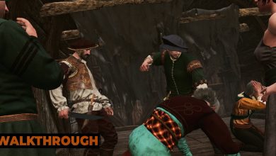A gang of men pummel a crouching elf outside a wooden shack in The Witcher 3.