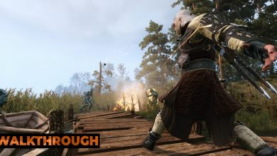Geralt throws a bomb at a Drowner while standing on a rotted wooden dock.