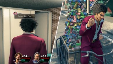 A split image of Kasuga speaking to a man in a toilet and collecting cans on his kart in Yakuza Like A Dragon