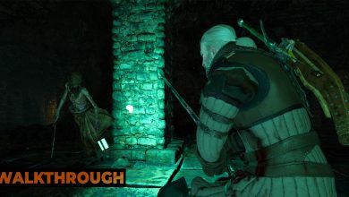 Geralt holds his sword up as he paces around a wraith floating in a tomb in The Witcher 3.