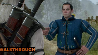 A man in a bright blue shirt angrily points at Geralt on a misty road in Velen.