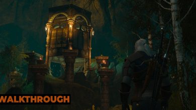 Geralt walks toward a magical structure inside a dark forest in The Witcher 3.