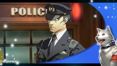 officer kurosawa in front of the police station with our persona 3 portable frame with koromaru