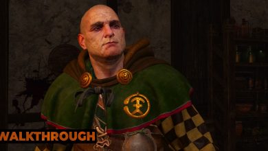 A bald man wearing a green cloak looks out of shot in The Witcher 3.