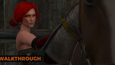 Triss Merigld looks back mournfully as she prepares her horse to ride out of a stable.