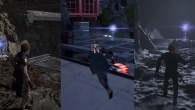 A collage of Cal running into three different Life Essences.