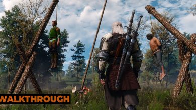 Geralt walks toward a pair of hanging bodies at a swamp in The Witcher 3.