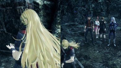 A collage of Shulk finding Photonium and Shulk, Matthew, Glimmer, Nikol, A, and Panacea in the cave in Xenoblade Chronicles 3: Future Redeemed.