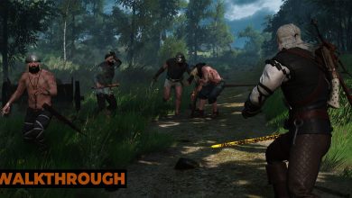 Geralt fights four bandits in a forest in Velen.
