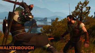 Geralt pirouettes through the air, cutting at a bandit by a coast of wrecked ships.