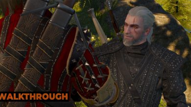 Geralt smiles at Eskel as he shakes his friend's hand in the woods outside Kaer Morhen.
