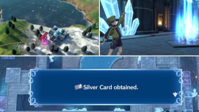 A collage of imaged with the top left showing Alear standing at the Divine Paralogues Dragon Temple on the World Map, the top right image shows Jean using Warp on Celine, and the bottom image showcases the player obtaining the Silver Card item in Fire Emblem Engage