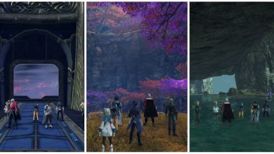 Split image screenshots of the Grand Tower Skygarden, Eternal Elegance and Hidden Freshwater Inlet Secret Areas in Xenoblade Chronicles 3.