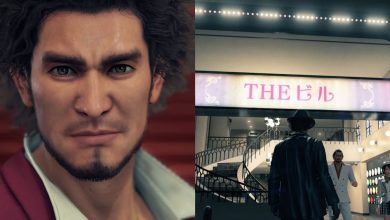 Collage Image of Ichiban looking at the camera and Ichiban standing outside Citron Majhong in Yakuza: Like A Dragon