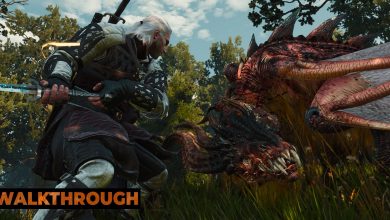 Geralt battles a wyvern in The Witcher 3, preparing to slice it with his sword.