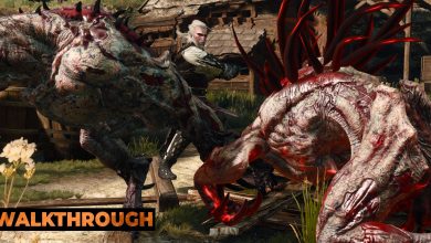 Geralt fights a pair of alghouls as they charge at him, one flaring its spikes.