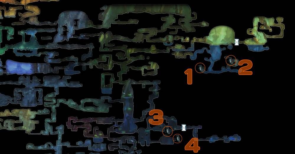 Mapa de Ori and the Blind Forest Thornfelt Swamp marcado con las ubicaciones de cada piedra angular y puerta espiritual