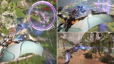 Aloy rides a flying mount through several locations in the Burning Shores of Horizon Forbidden West