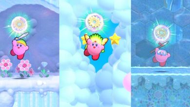Split image screenshots of Kirby grabbing Energy Spheres across Kirby's Return To Dream Land Deluxe.