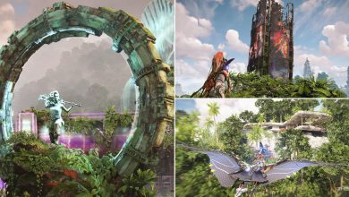 Several locations relevant to finding the Pangea Figurines in Horizon Forbidden West Burning Shores; the Jane Statue, a holographic tower, and a ruined mansion