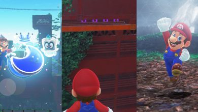A collage of Mario in the Wooded Kingdom collecting moons and looking for purple coins in Super Mario Odyssey.