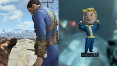 Fallout 4 Bobblehead Guide Featured Split Image Of Protagonist and dog next to Bobblehead