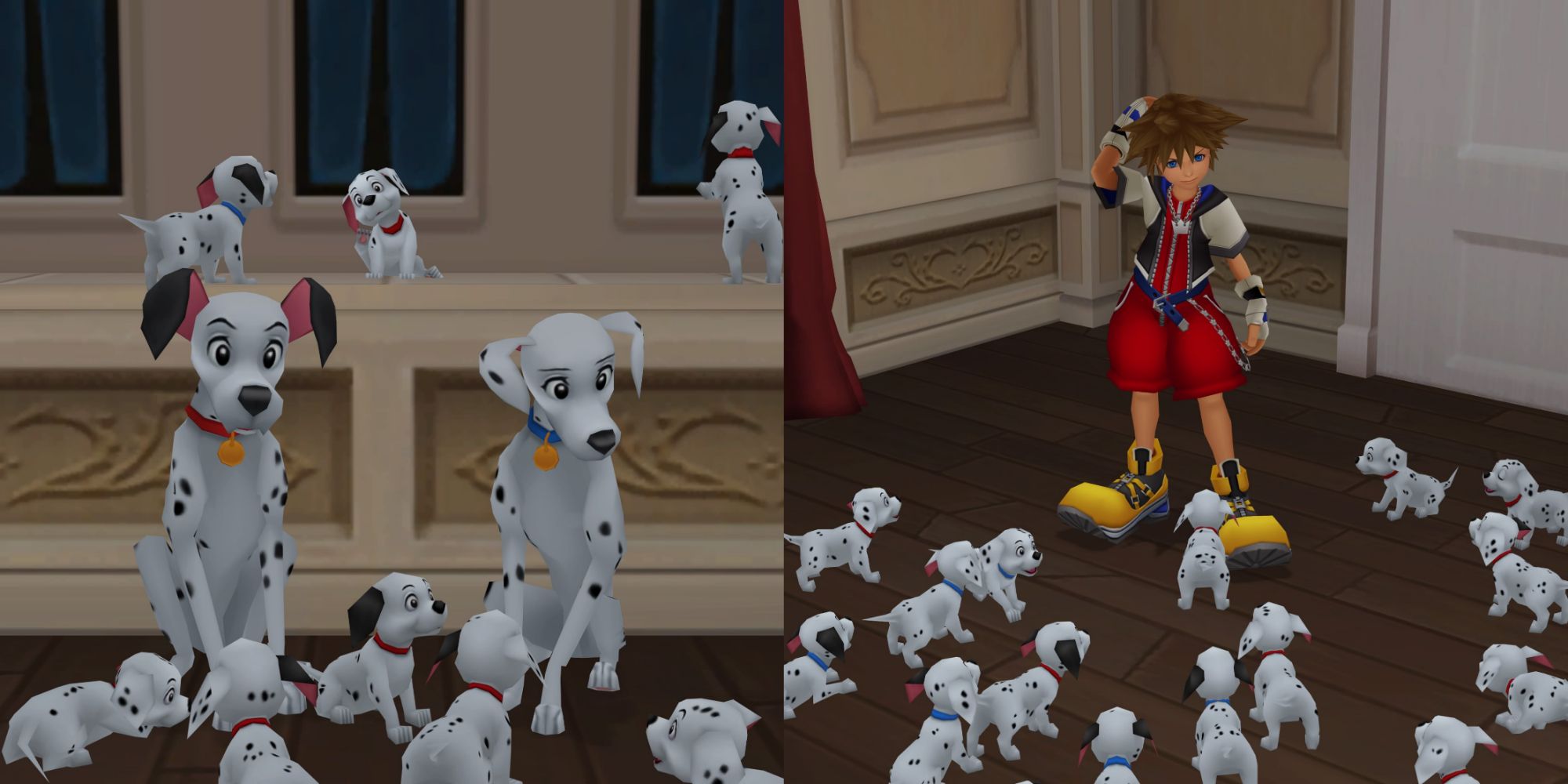 Pongo, Perdita, Sora y los cachorros dálmatas en Kingdom Hearts