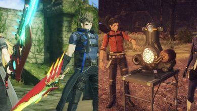 A collage of Shulk and Rex fighting and Matthew and A making gems in Xenoblade Chronicles 3: Future Redeemed.