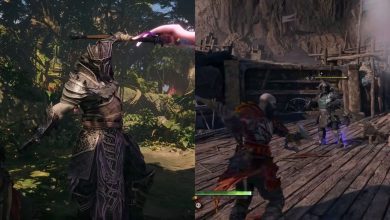 Split image showing Kratos fighting the Einherjar.
