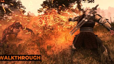 Geralt uses Igni, sending sparks flying toward a pair of ghouls in Velen.