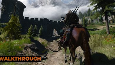 Geralt rides Roach to a crumbling ruin on a sunny day in The Witcher 3.