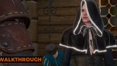 A hooded Yennefer talks to Geralt outside a tavern in Novigrad.
