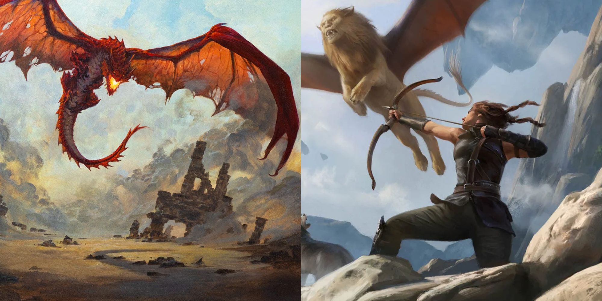 Izquierda: un dragón vuela sobre un desierto.  Derecha: un arquero prepara su tiro.