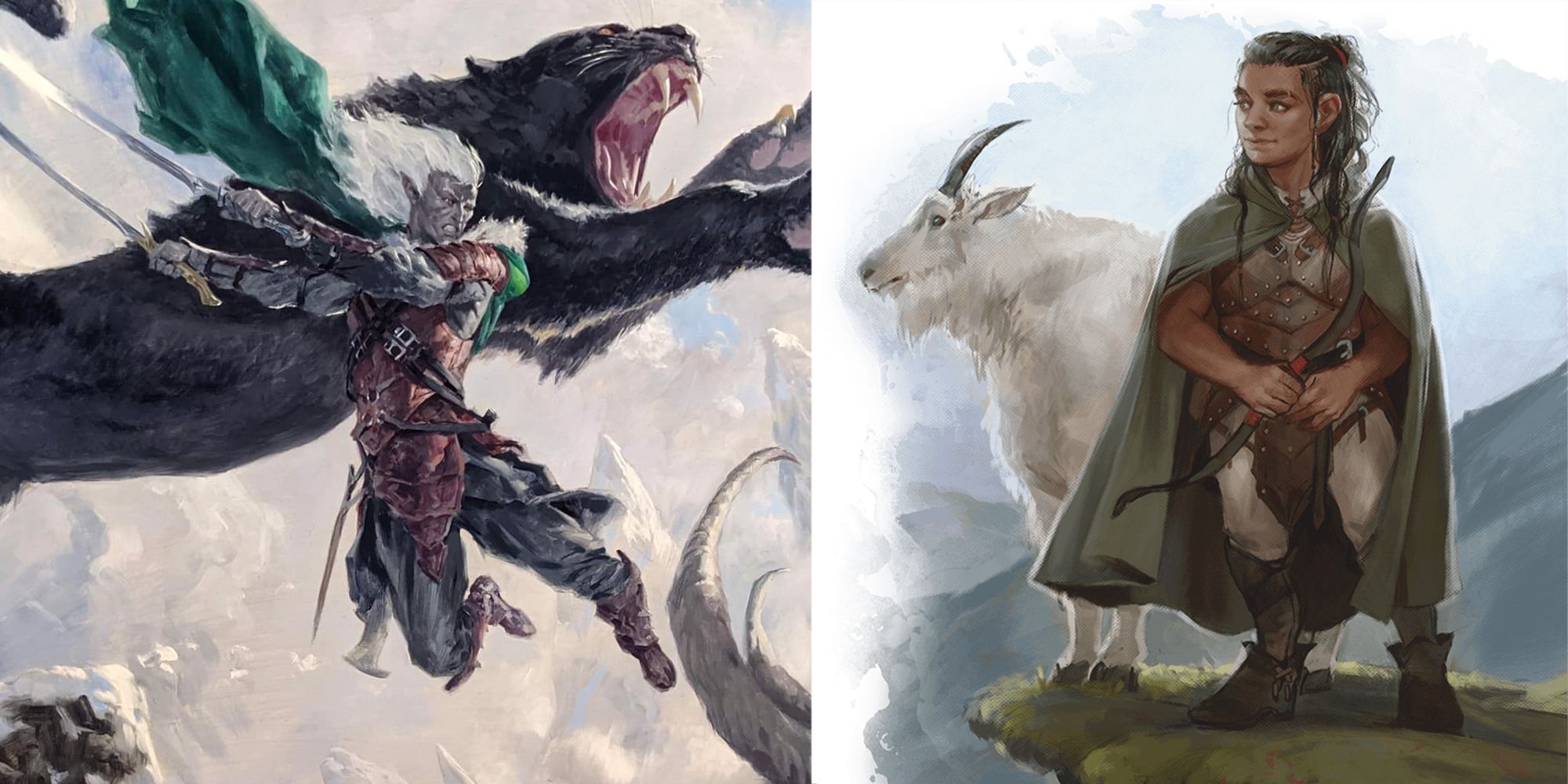 El elfo drow Drizzt se lanza a la izquierda, con una imagen separada del Halfling Ranger con su compañero cabra a la derecha
