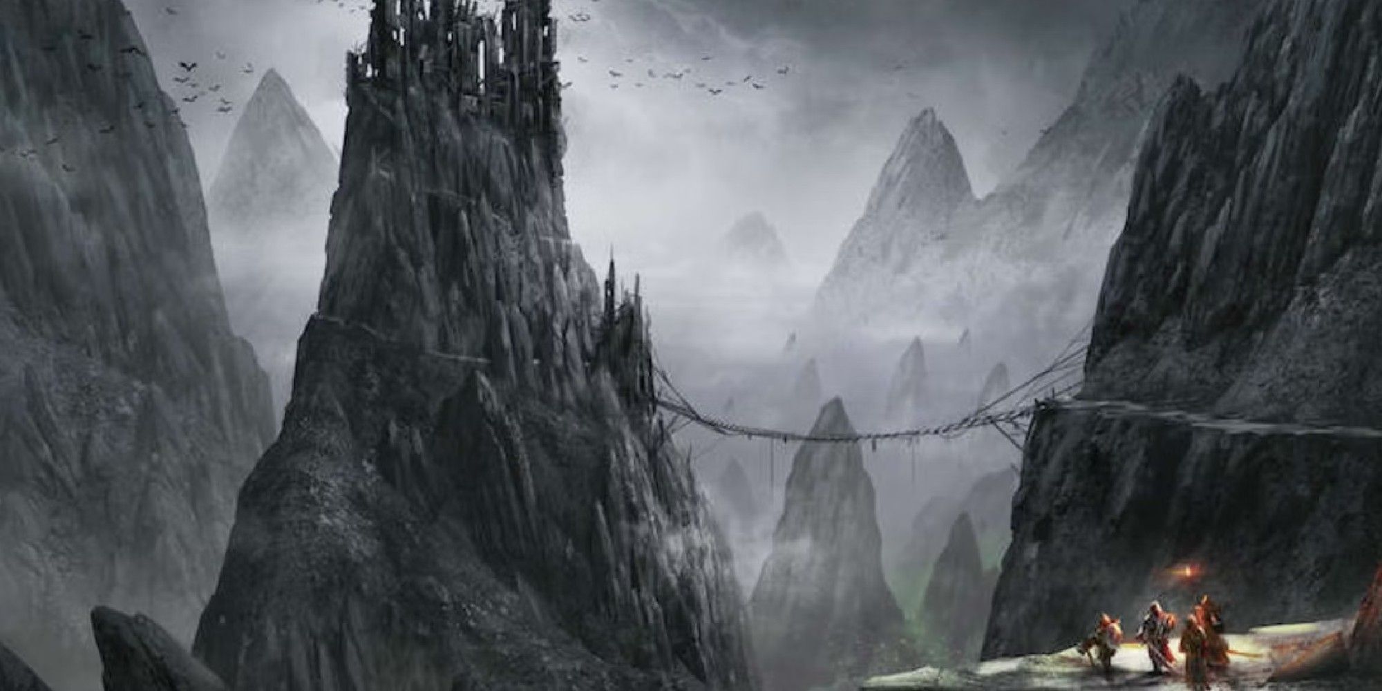Imagen de Dungeons & Dragons que muestra a los aventureros acercándose al castillo de la reina Cuervo